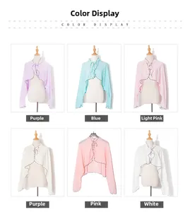 Detailed view of chiffon sun protection shawls in various pastel colors.