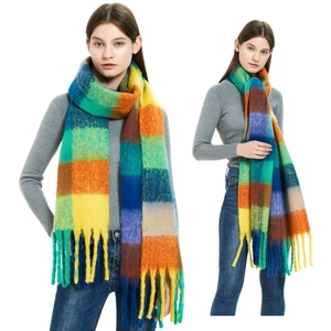 Rainbow Plaid Tassel Scarf For Women Winter Thick Long Checkered Shawl Wrap Soft Warm Fuzzy Polyester Neck Warmer
