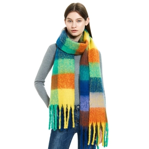 Thick colorful plaid mohair scarf with tassels for winter fashion and warmth