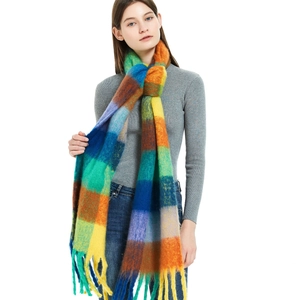 Winter rainbow checkered mohair scarf with thick colorful plaid and long tassels for women