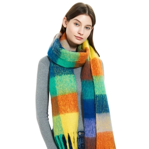 Winter mohair scarf with rainbow plaid pattern and long thick fringe for women
