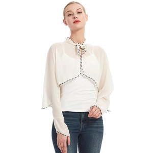Women's white chiffon sun protection shrug with bow tie and wave edge trim details
