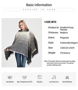 Detailed chart showing size, gradient herringbone fabric, and fringe specs of the poncho