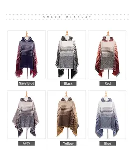 Detailed color display of hooded tassel ponchos with geometric gradient knit patterns