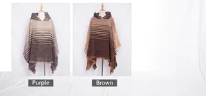 Detail of hooded knit poncho showing herringbone texture, fringe hem, and color options