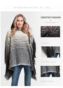 Detail of herringbone pattern gradient hooded poncho with soft brushed fabric and fringes