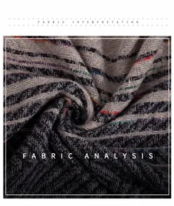Macro detail of multicolored herringbone knit fabric with soft texture and yarn analysis