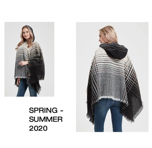 Front and back views of a hooded knit poncho with herringbone pattern and fringe trim