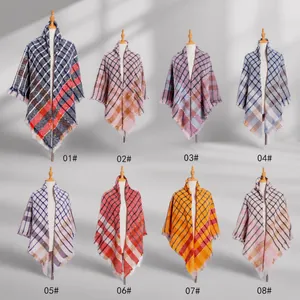 Collection of eight thick plaid scarves with fringes in various colorful patterns