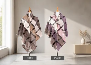 Detailed comparison of brown and purple plaid scarves with soft fringe and thick knit fabric