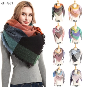Detail of multi-color herringbone knit scarf with fringe trim in eight various color patterns