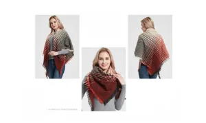 Detail of red and grey herringbone knit triangle shawl scarf with fringe tassels