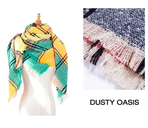 Detail of yellow and green plaid shawl scarf featuring natural fringe and knit texture