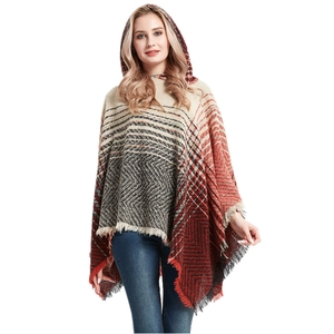 Women's autumn winter hooded poncho with red and black herringbone knit and tassel hem