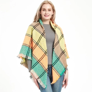 Thick checkered scarf shawl for winter featuring orange, yellow, and green plaid patterns
