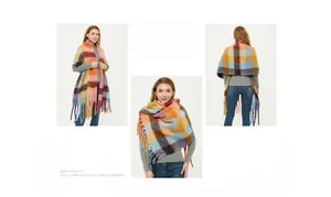 Three-way view of thick colorful plaid scarf with long fringes for women in autumn
