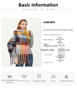 Detailed sizing chart and material specs for the thick boucle tassel checkered scarf