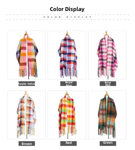 Color display of thick plaid scarves with long tassels in various winter knit patterns