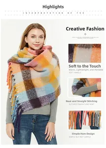 Close-up of soft plaid scarf fabric with tassel fringe and colorful knit details