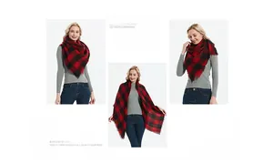 Detailed views of a red and black plaid pashmina scarf with stylish fringed edges