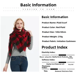 Detail view of 140x140cm red checkered scarf with fringe and cashmere-like texture