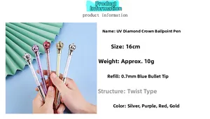 Detail of 16cm metallic crown ballpoint pen showing crystal filling and 0.7mm tip size
