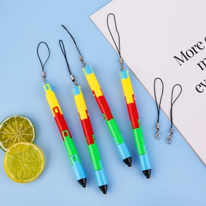 Creative multi-colored folding ballpoint pens with black lanyards on a blue background
