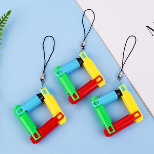 Foldable square fidget ballpoint pen with colorful blocks and black lanyard on blue background