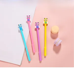 Set of four cute cartoon bee gel pens in pastel blue pink purple and yellow colors