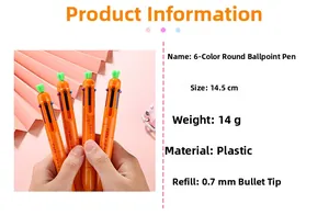 Detailed specs of the 14.5cm carrot shaped multi-color ballpoint pen with 0.7mm tip