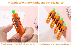 Close-up of 6-color cartoon carrot ballpoint pen showing click mechanism and pen clip