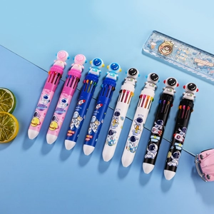 Close-up of 10-color astronaut shuttle pens with cartoon space-themed toppers
