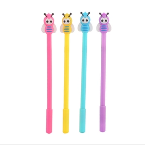 Set of 4 cute bee-topped cartoon gel pens in pastel pink, yellow, blue, and purple colors