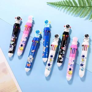 Close-up of 10-color astronaut shuttle pens with cartoon space toppers and planet prints