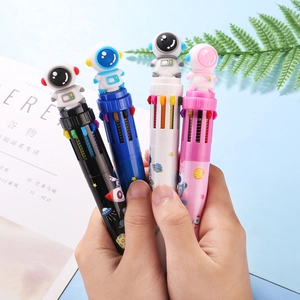 Close-up of 10-color astronaut ballpoint pen with retractable tips in hand