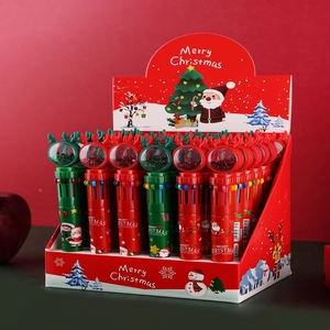 Close-up of a Christmas 10-color ballpoint pen display box with reindeer and Santa designs