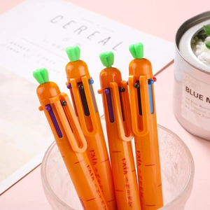 Creative 4-pack carrot shaped 6-color retractable ballpoint pens in a glass cup