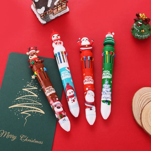 Set of four multi-color Christmas ballpoint pens with cartoon deer and snowman toppers