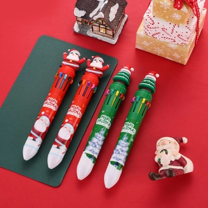 Christmas ten-color ballpoint pen set featuring Santa and tree toppers on festive backdrops