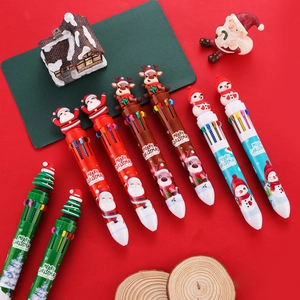 Christmas 10-color retractable ballpoint pen with cartoon Santa and Reindeer toppers