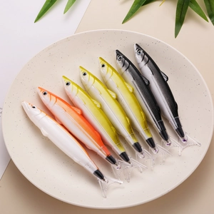 Macro detail of realistic fish-shaped ballpoint pens with textured scales and fins