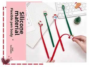 Detail of four flexible silicone Christmas gel pens with 360 degree bendable cartoon tops