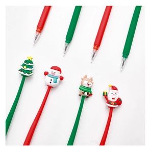 Macro detail of Christmas gel pens featuring snowman and reindeer silicone toppers