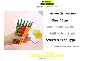 Detail view of 17cm chili-shaped gel pens in red, yellow, and green colors with 0.5mm tip