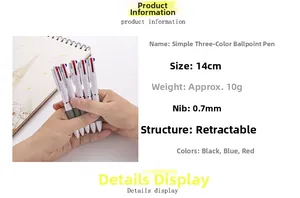 Detalle del bolígrafo retráctil de 3 colores de 0,7 mm con 14 cm de largo y 10 g de peso