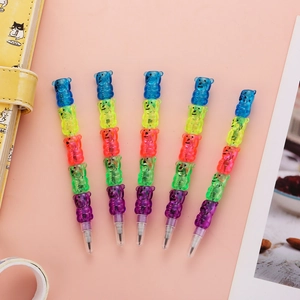 Close-up of stacking bear pencils with five detachable colorful transparent sections