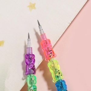 Macro shot of colorful bear-shaped modular stacking pencils with fine graphite tip