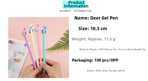 Close-up of 0.5mm black ink gel pens with colorful silicone deer heads and plastic bodies
