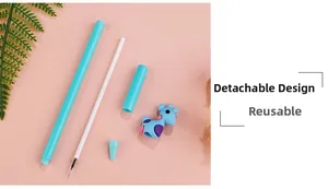 Disassembled view showing detachable design of blue dinosaur gel pen and refill