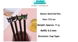 Close-up of 0.5mm devil-themed gel pens featuring cartoon silicone heads and 17.5cm dimensions